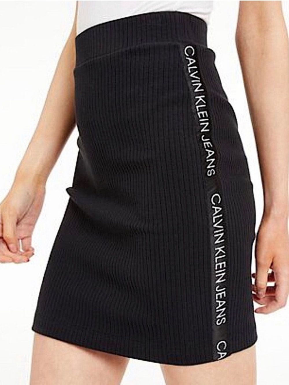 Calvin Klein Jeans Black Ribbed Pencil Skirt with Side Logo Tape size S